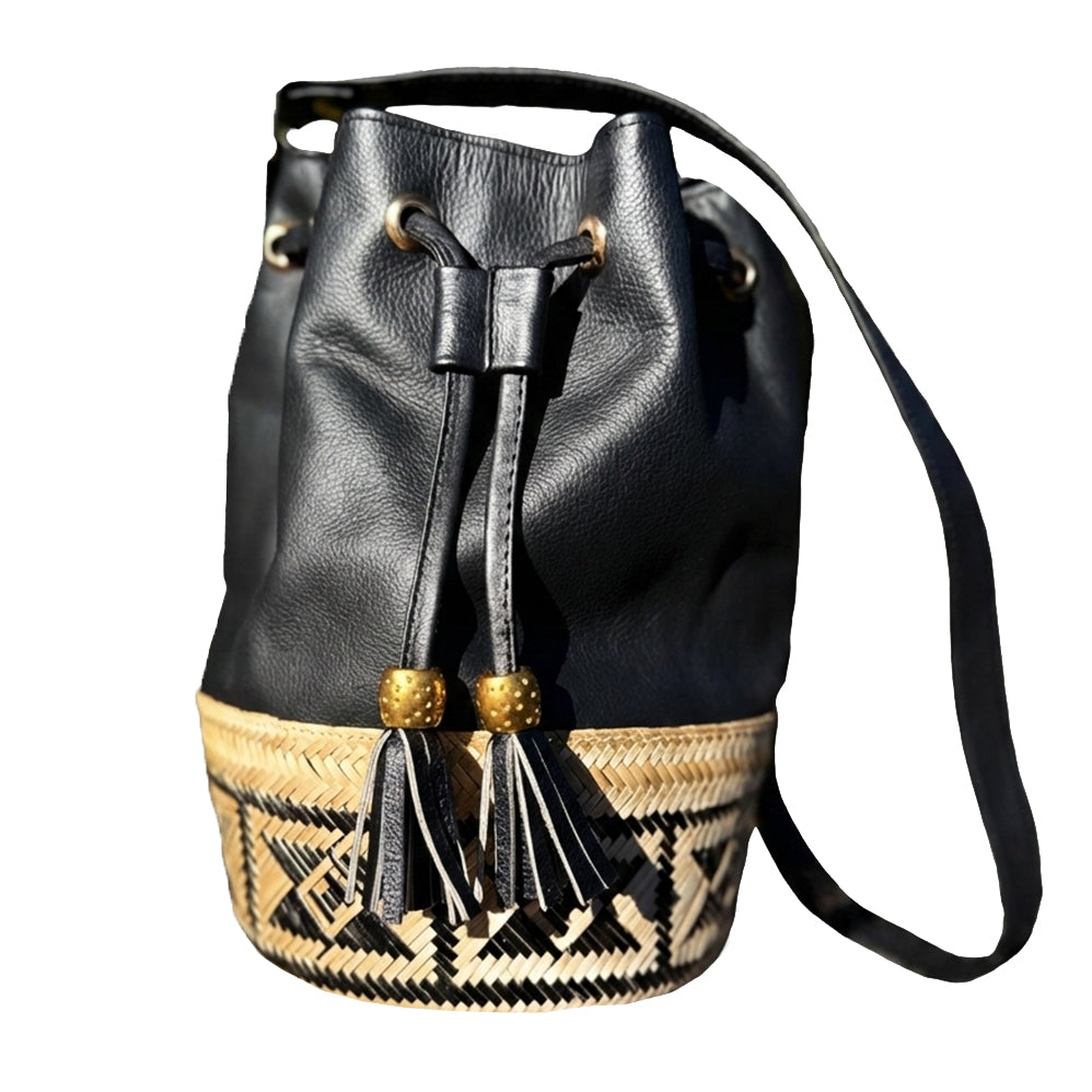 Leather & Mawisa Bucket Bag Black